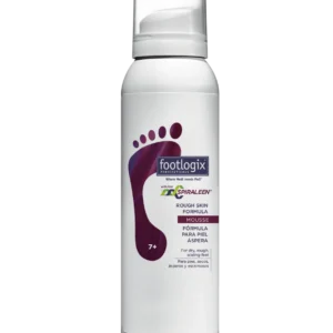 White spray bottle for foot care featuring a purple footprint graphic and the Footlogix logo; mousse formula for rough skin comes in a tall white bottle with clear cap.