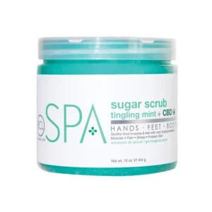 Turquoise jar of spa sugar scrub with mint label and clear lid against a white background, CBD included on the label