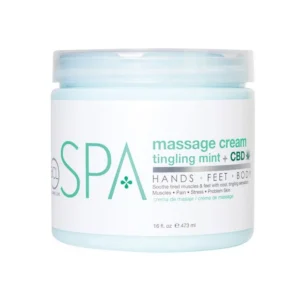 Container of CBD massage cream labeled 'massage cream tingling mint' for hands, feet, body, 16 fl oz (473 ml)
