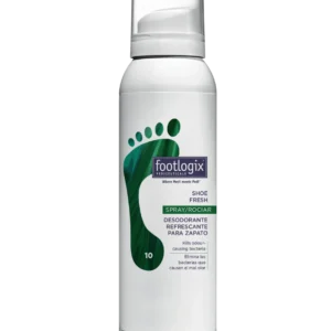 Footlogix Shoe Fresh spray bottle with white cap and label showing footprint graphic, product for deodorizing shoes (foot hygiene)