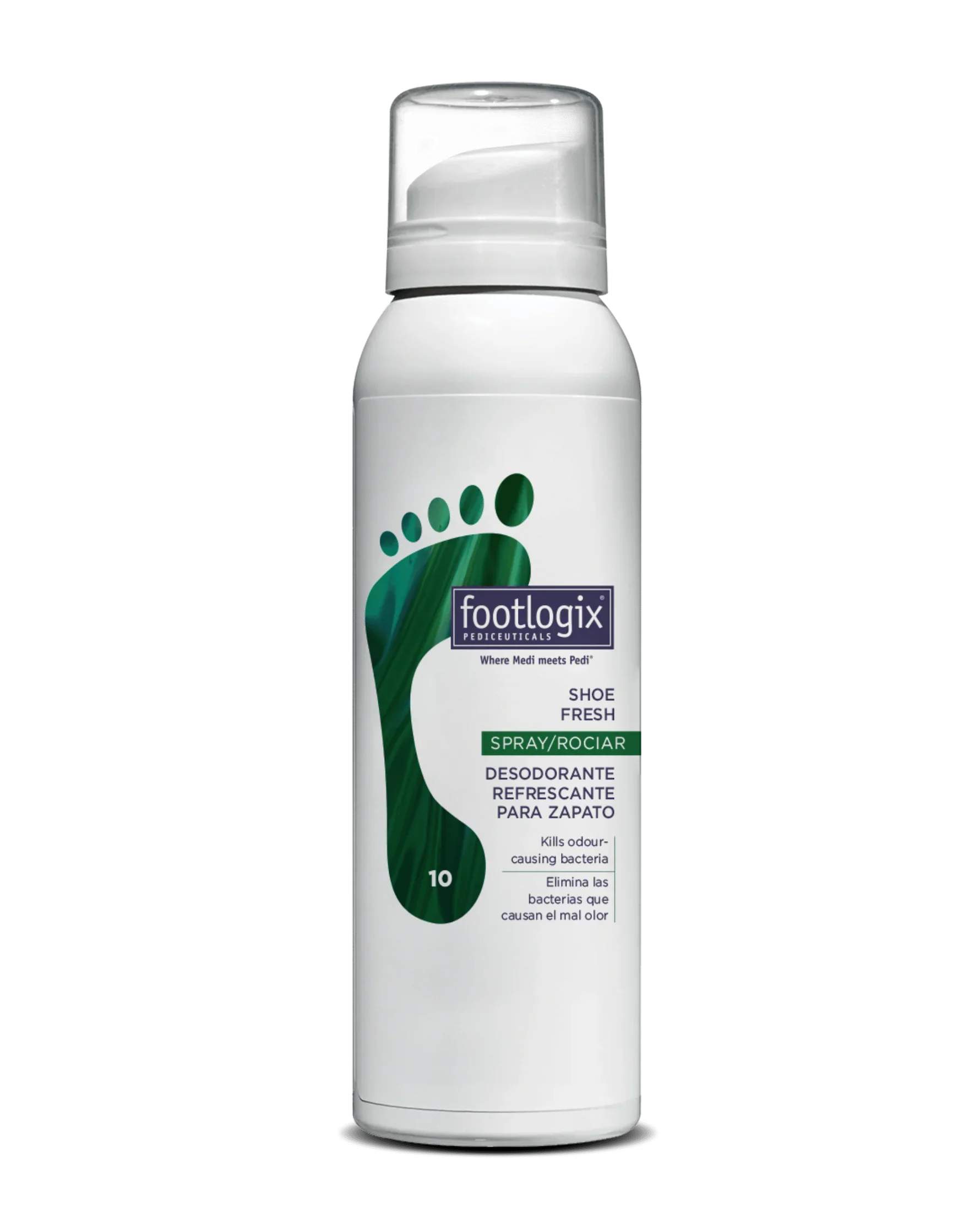 ShoeFreshFormulawebp – Damara Luxury Spa Vancouver Footlogix Shoe Fresh spray bottle with white cap and label showing footprint graphic, product for deodorizing shoes (foot hygiene)