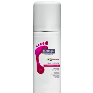 White cylindrical bottle labeled Footlogix nail tincture spray with pink footprint logo visible