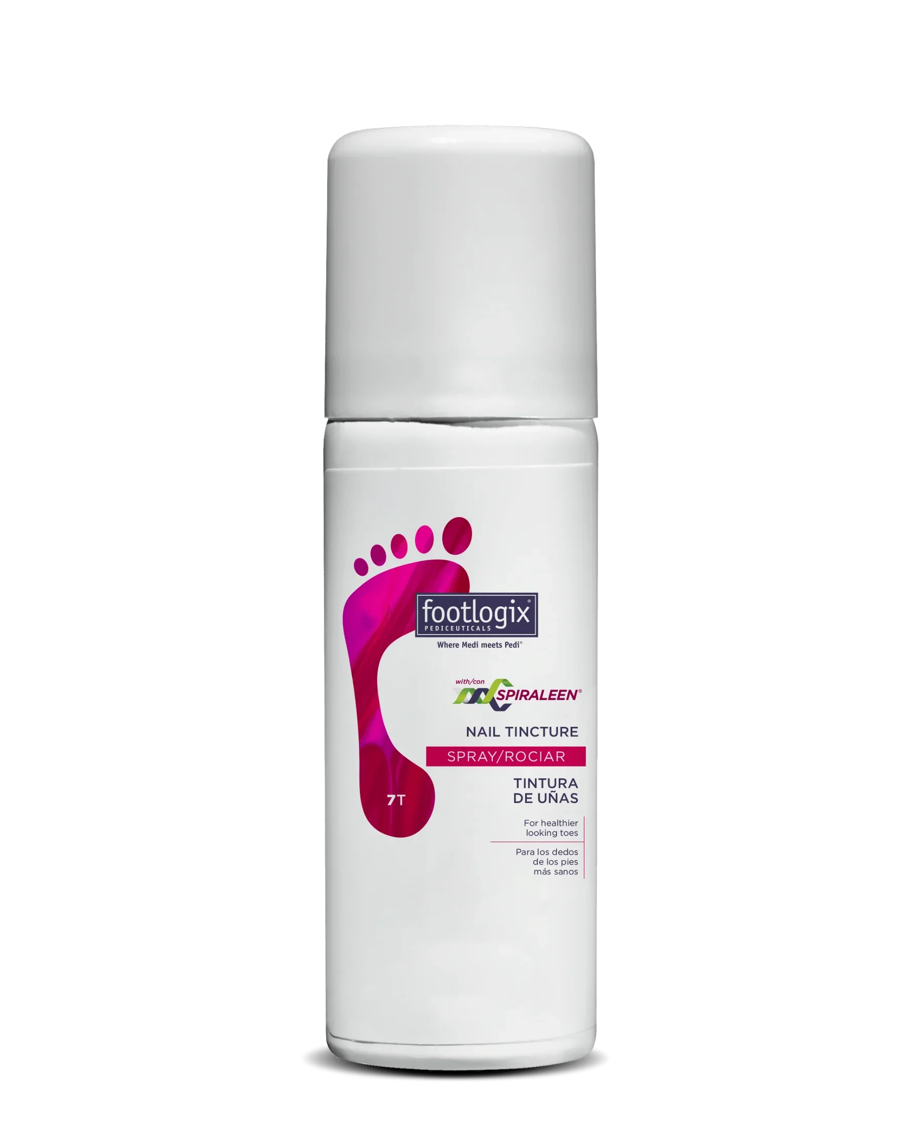 ToeNailTincturewebp – Damara Luxury Spa Vancouver White cylindrical bottle labeled Footlogix nail tincture spray with pink footprint logo visible