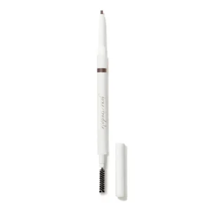 White retractable brow pen with a fine tip and a built-in spoolie brush at the end, labeled Jane Iredale, shown with cap removed