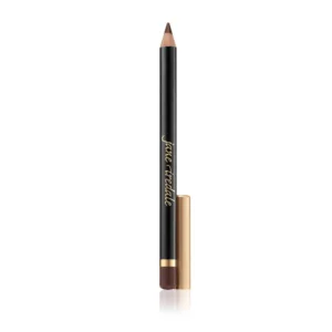 Vertical black makeup pencil with a sharpened tip at the top and a gold cap at the bottom, gold cursive lettering along the side against a white background.
