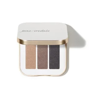 Jane Iredale four-shade neutral eyeshadow palette in a white case with rose-gold trim.