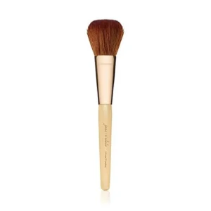 Powder brush with fluffy brown bristles, gold ferrule, and a light wooden handle.