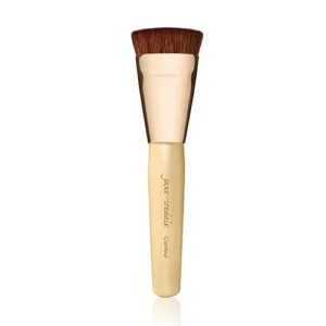 Makeup brush with a light wooden handle and brown bristles