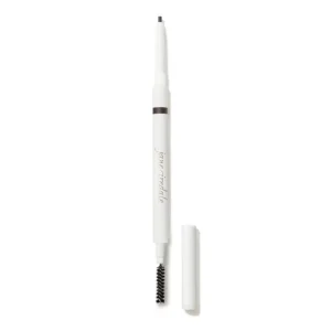 White dual-ended eyebrow pencil with a spoolie brush at the bottom and the cap removed.