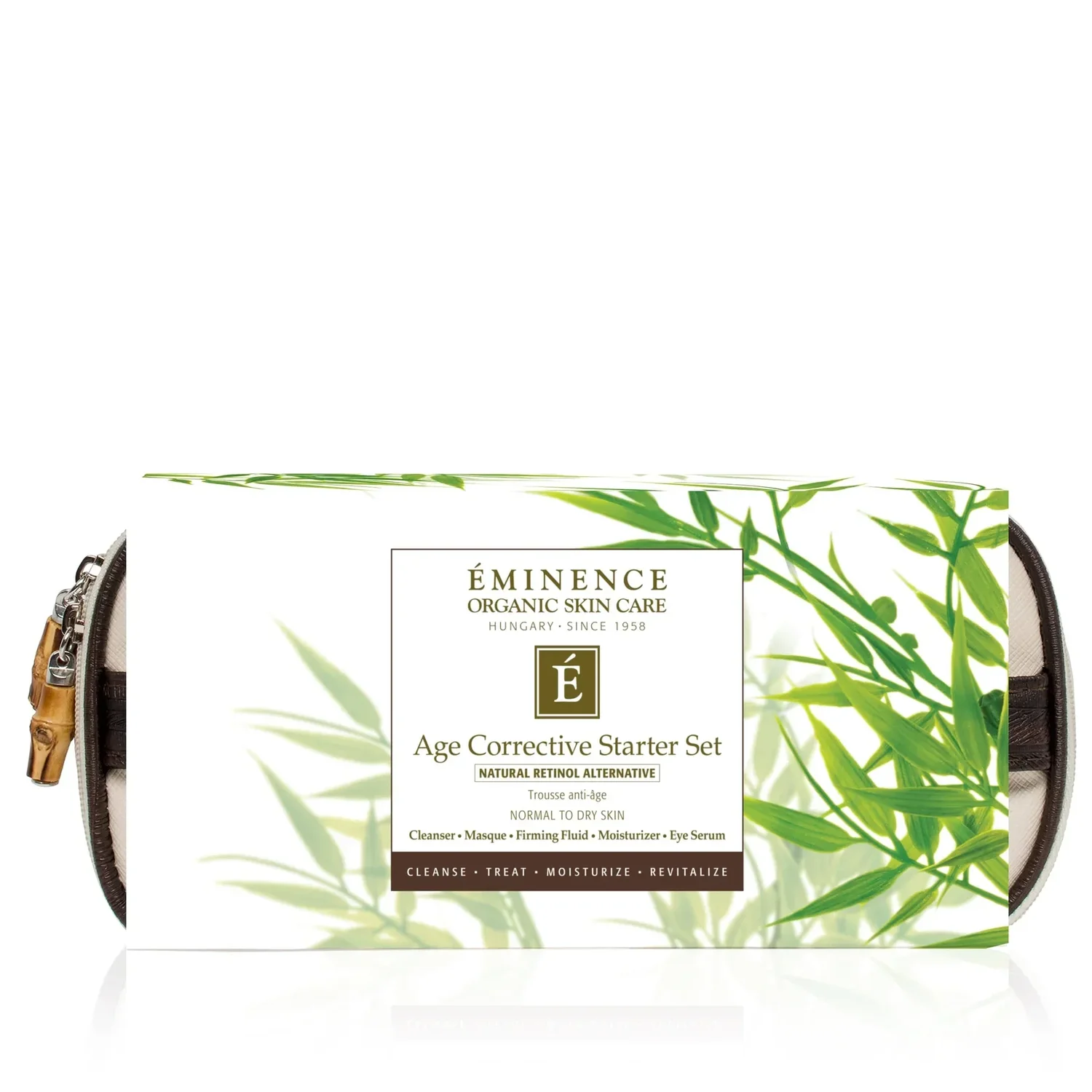 eminence-eminence-age-corrective-starter-set-38137480544486 – Damara Luxury Spa Vancouver Boxed Eminence Organic Skin Care Age Corrective Starter Set with green bamboo design and logo on a white background.