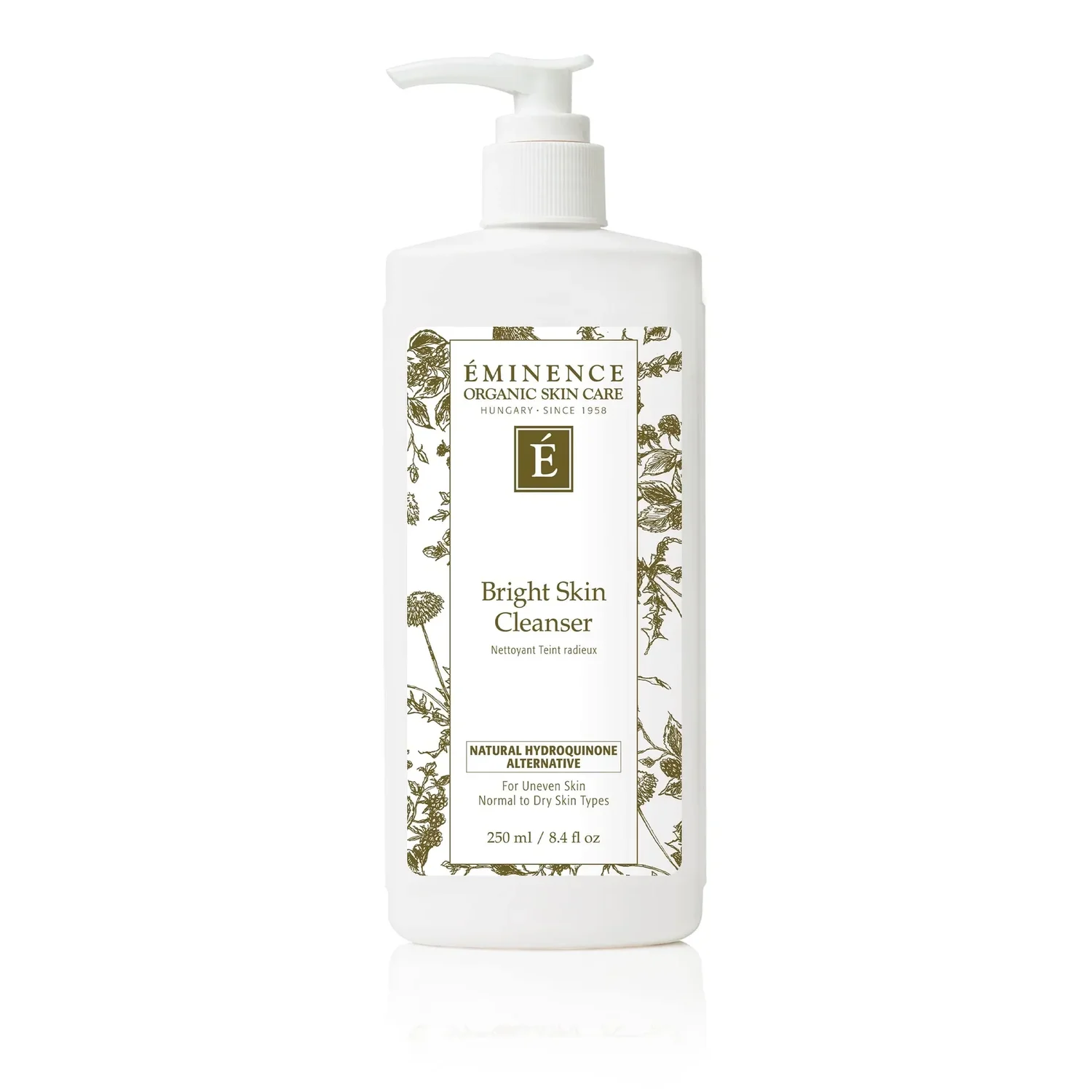 eminence-eminence-bright-skin-cleanser-38136470339814 – Damara Luxury Spa Vancouver White pump bottle labeled Eminence Bright Skin Cleanser with gold botanical border and central brand mark, 250 ml.