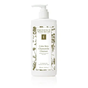 eminence-eminence-calm-skin-chamomile-cleanser-38136472109286 – Damara Luxury Spa Vancouver White pump bottle of Eminence Calm Skin Chamomile Cleanser with a decorative botanical label (250 ml). Use: gentle cleanser for sensitive skin.