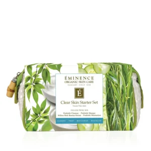 Boxed Eminence Clear Skin Starter Set with green herbal imagery and leaves, showcasing natural skincare packaging.
