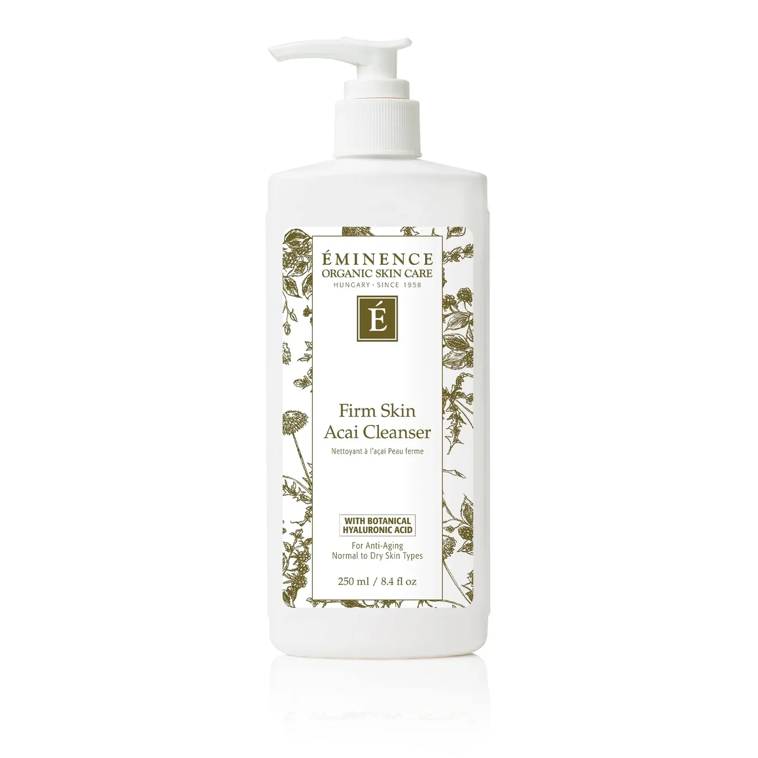 eminence-eminence-firm-skin-acai-cleanser-38136465916134 – Damara Luxury Spa Vancouver White pump bottle of Eminence Firm Skin Acai Cleanser with a botanical label and floral frame on white background, product shot