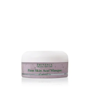 Eminence Organic Skin Care Firm Skin Acai Masque jar, 60 ml, with white lid and pink-purple product visible through label