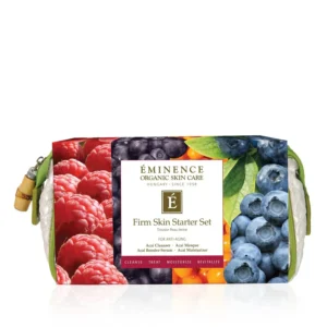 ÉMINENCE Firm Skin Starter Set box with berry imagery (raspberries, blueberries) and white label on a colorful fruit-pattern package a cosmetic gift set.