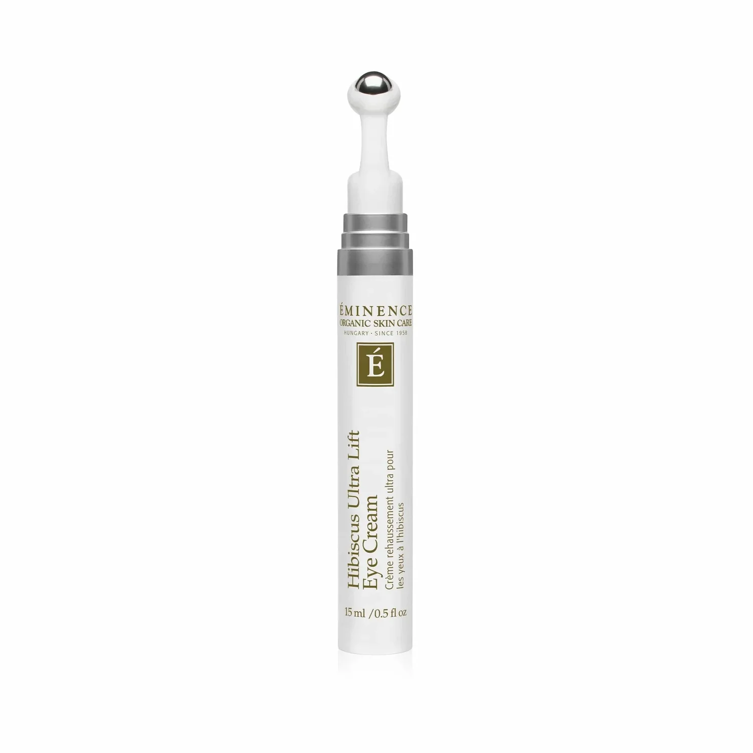 eminence-eminence-hibiscus-ultra-lift-eye-cream-38136759746790 – Damara Luxury Spa Vancouver Pen-style white eye cream tube with silver dispenser and metallic ball tip, Eminence Hibiscus Ultra Lift Eye Cream