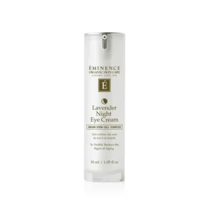 Éminence Lavender Night Eye Cream bottle with a pump, white container and gold branding in the center.1