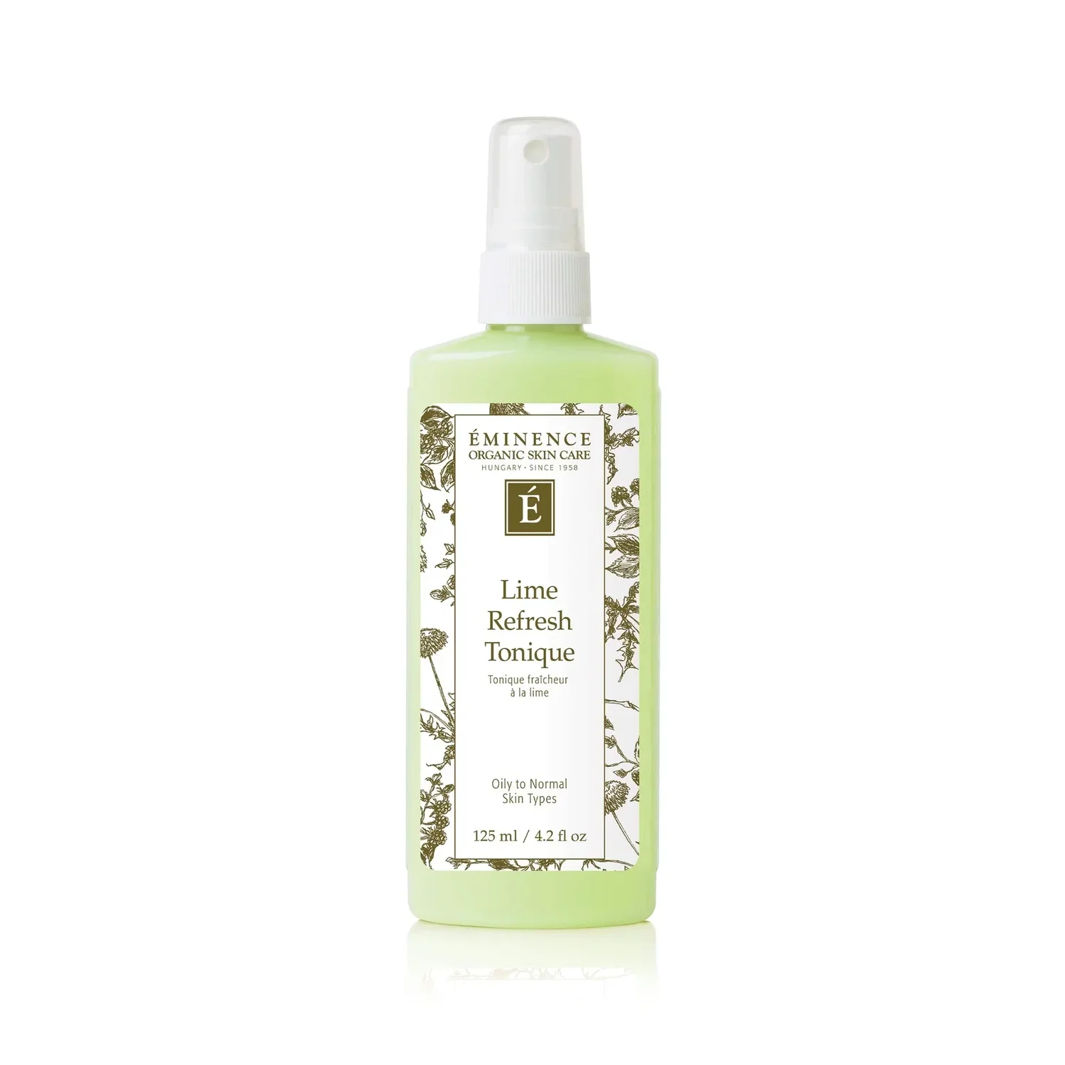 eminence-eminence-lime-refresh-tonique-38136476631270 – Damara Luxury Spa Vancouver Bottle of Eminence Lime Refresh Tonique facial toner in pale green plastic with white spray cap