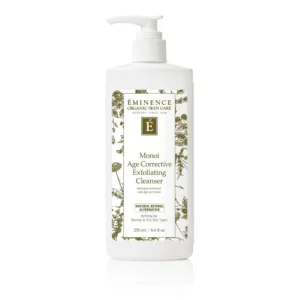Bottle of Eminence Monoï Age Corrective Exfoliating Cleanser with pump, white container and botanical label (250 ml)
