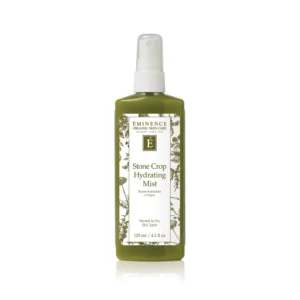 Stone Crop Hydrating Mist bottle (Éminence Organic Skin Care) with floral label, green spray bottle.