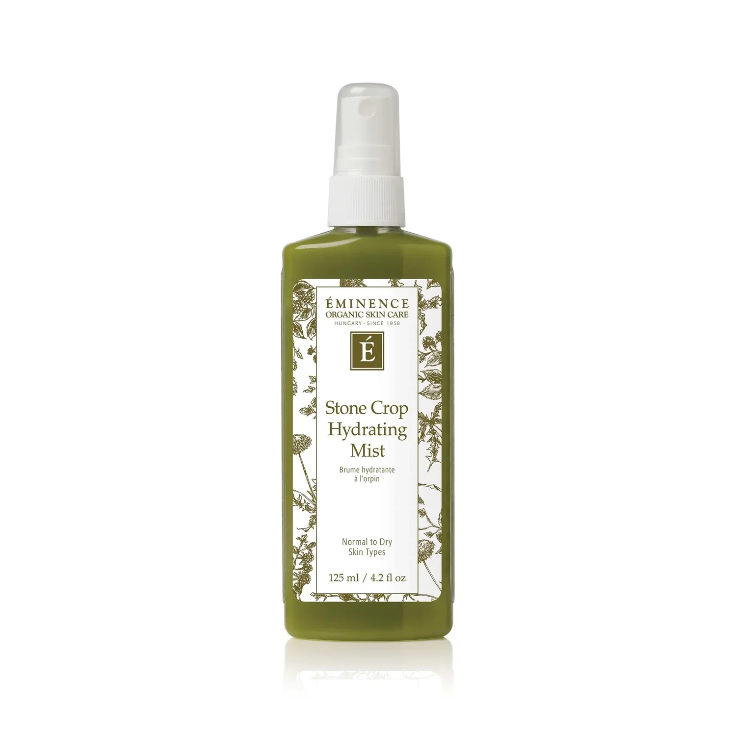 eminence-eminence-stone-crop-hydrating-mist-38136484987110 – Damara Luxury Spa Vancouver Stone Crop Hydrating Mist bottle (Éminence Organic Skin Care) with floral label, green spray bottle.