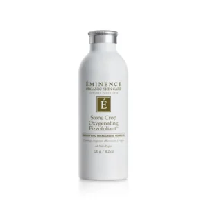 White Eminence skincare bottle labeled Stone Crop Oxygenating Fizzofoliant with a silver cap (120 g/4.2 oz).