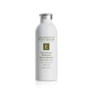 White bottle with a silver cap from Éminence Organic Skin Care; label reads 'Strawberry Rhubarb Dermafoliant' with the logo.
