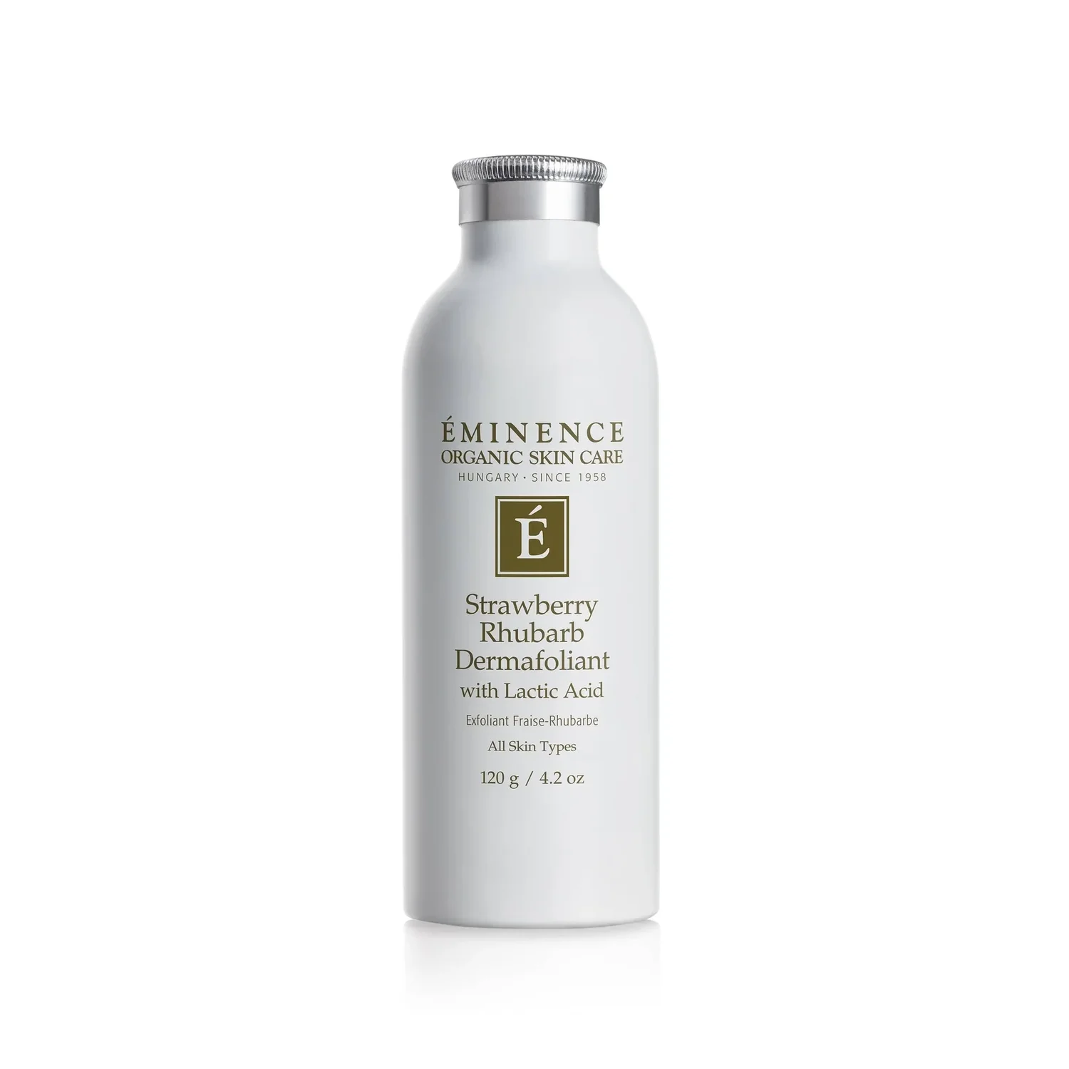 eminence-eminence-strawberry-rhubarb-dermafoliant-38136576606438 – Damara Luxury Spa Vancouver White bottle with a silver cap from Éminence Organic Skin Care; label reads 'Strawberry Rhubarb Dermafoliant' with the logo.