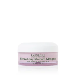 Eminence Organic Skin Care Strawberry Rhubarb Masque jar with pink cream and white lid, label text visible