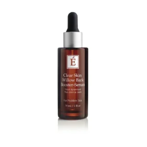 Brown glass serum bottle with dropper labeled É Clear Skin Willow Bark Booster-Serum for problem skin, 30 ml.