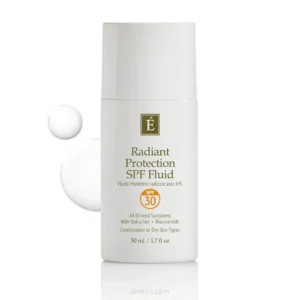 Bottle of É Radiant Protection SPF Fluid sunscreen with SPF 30 beside white droplets.