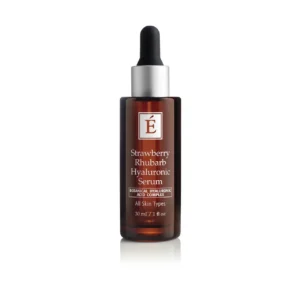 Brown glass dropper bottle of É Strawberry Rhubarb Hyaluronic Serum with silver cap; label reads 'All Skin Types' and '30 ml / 1 fl oz'