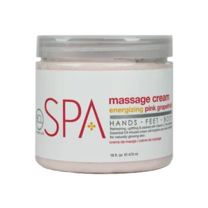 Jar of SPA massage cream in pale pink, labeled energizing pink grapefruit for hands, feet and body.