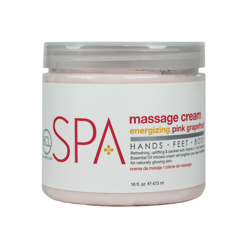 energizing-pink-grapefruit-massage-creamewebp – Damara Luxury Spa Vancouver Jar of SPA massage cream in pale pink, labeled energizing pink grapefruit for hands, feet and body.