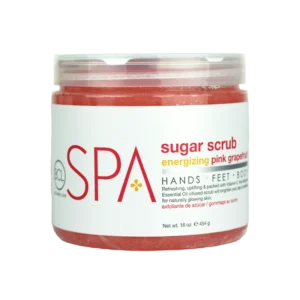 Jar of spa sugar scrub with pink scrub, label shows SPA and energizing pink grapefruit, 16 oz