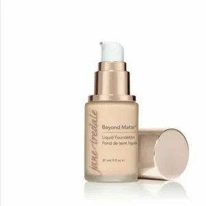 Liquid foundation bottle labeled ‘Jane Iredale Beyond Matte’ with a rose-gold pump and cap, shown against a white background.