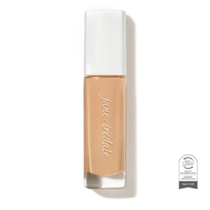Beige liquid foundation in a clear bottle with a white cap, Jane Iredale branding along the side on a white background, with a Skin Cancer Foundation seal in the corner.