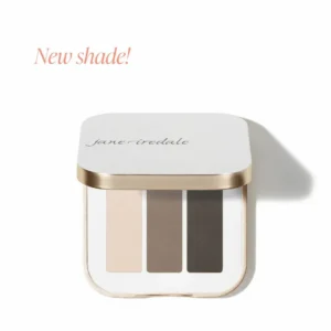 Compact eyeshadow palette with three neutral shades (cream, taupe, espresso); 'New shade!' text above.