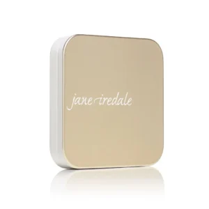 Beige square Jane Iredale makeup compact with rounded corners and white sides.