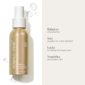 Gold-tinted spray bottle labeled 'Balance Hydration Spray' with water droplets around it; right side lists 'Balances', 'Sets', 'Locks', and 'Nourishes'
