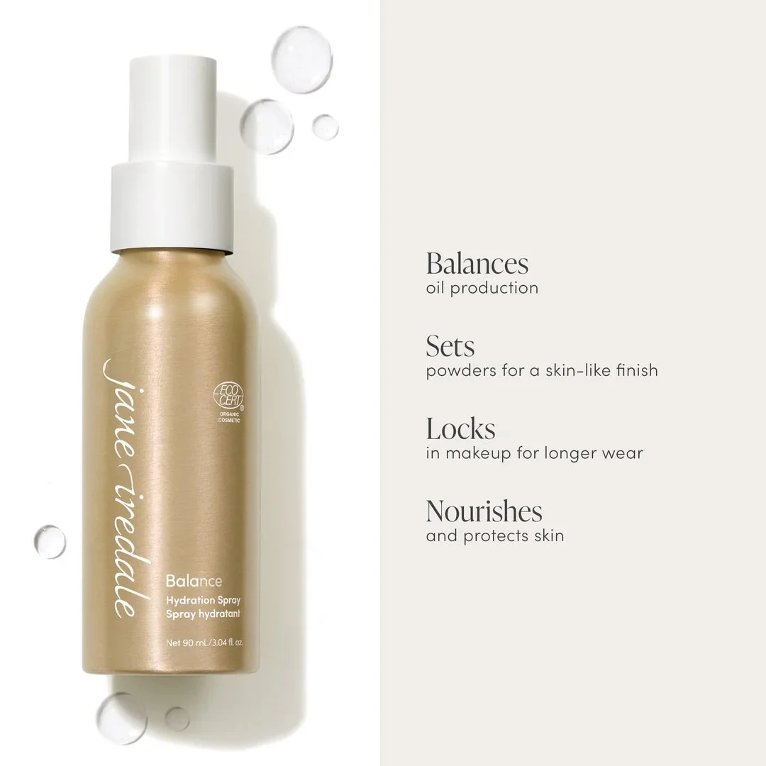 jane_iredale_FeaturesBenefits_Balance-1080x1080_2048x – Damara Luxury Spa Vancouver Gold-tinted spray bottle labeled 'Balance Hydration Spray' with water droplets around it; right side lists 'Balances', 'Sets', 'Locks', and 'Nourishes'
