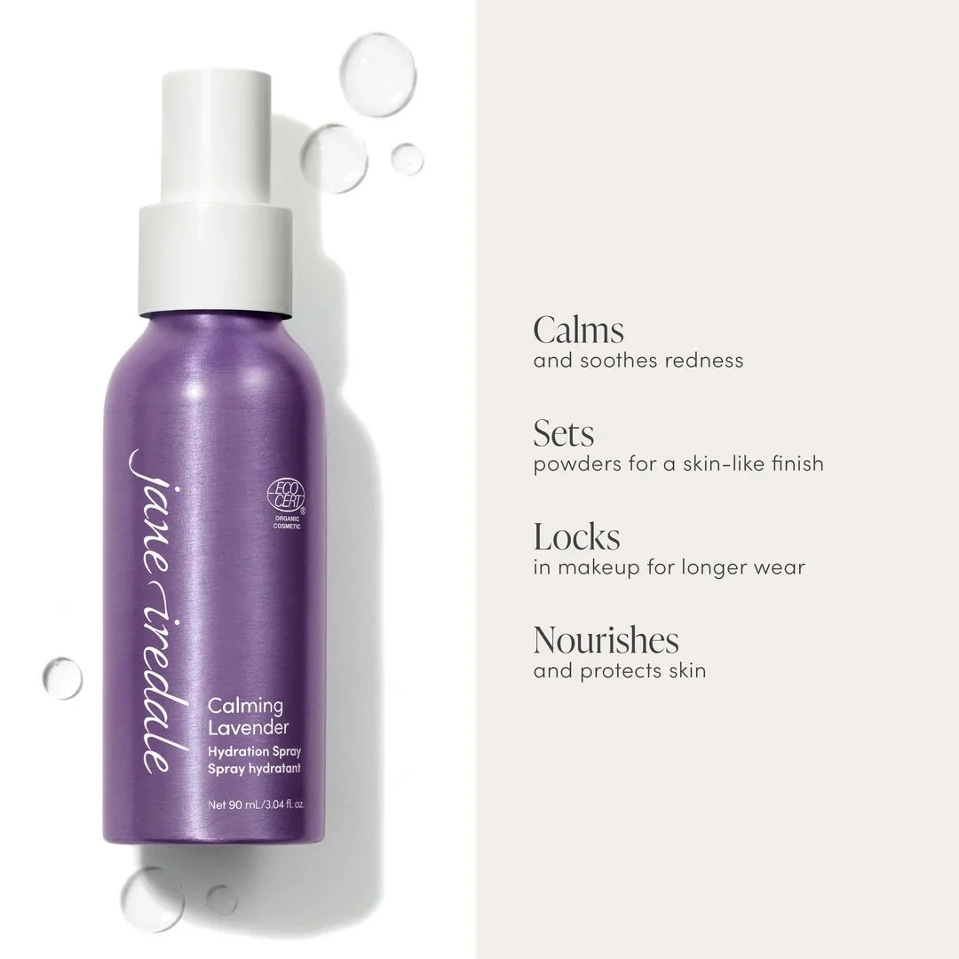 jane_iredale_FeaturesBenefits_Lavender_2048x – Damara Luxury Spa Vancouver Purple lavender hydration spray bottle with a white cap, shown beside text about calming redness, setting makeup, locking makeup, and nourishing skin.