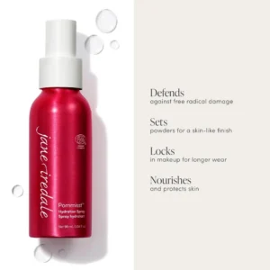 Red Jane Iredale Pommiss Hydration Spray bottle with white cap beside a beige benefits panel.