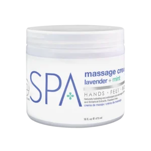 White jar of SPA lavender + mint massage cream, for hands, feet and body (16 oz).