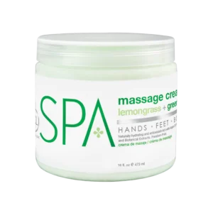 Jar of Spa brand massage cream labeled lemongrass + green tea, 16 fl oz (473 ml)