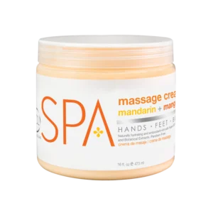 Jar of Spa massage cream with mandarin & mango scent, white label with large orange SPA logo and 'HANDS • FEET • BODY' text across the label
