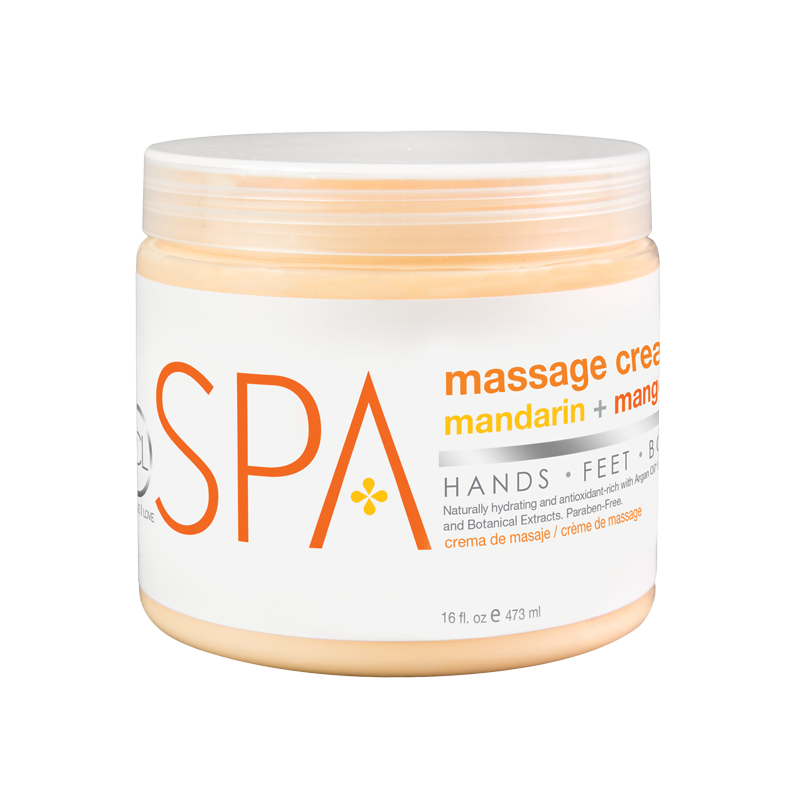 massage-cream-mandarin-mango-16ozwebp – Damara Luxury Spa Vancouver Jar of Spa massage cream with mandarin & mango scent, white label with large orange SPA logo and 'HANDS • FEET • BODY' text across the label