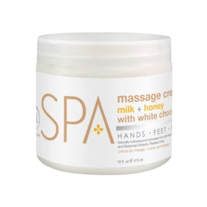 White spa massage cream jar with a label reading 'milk & honey with white chocolate' and крупный 'SPA' logo, 16 oz (473 ml).