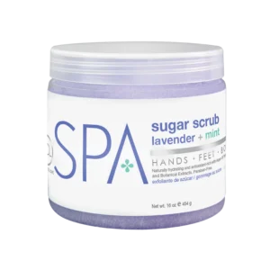 Lavender and mint sugar scrub in a white jar labeled SPA with a white lid (16 oz)